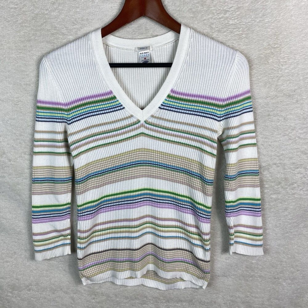 VTG‎ Y2K Old Navy Perfect Fit Sweater Womens Med Striped Ribbed Stretch Cotton